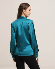 Women's Silk Blouse Shirts with Split Sleeves Peacock Blue