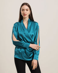 Women's Silk Blouse Shirts with Split Sleeves Peacock Blue