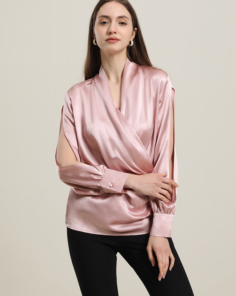Women's Silk Blouse Shirts with Split Sleeves Pink