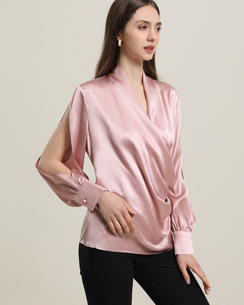 Women's Silk Blouse Shirts with Split Sleeves Pink