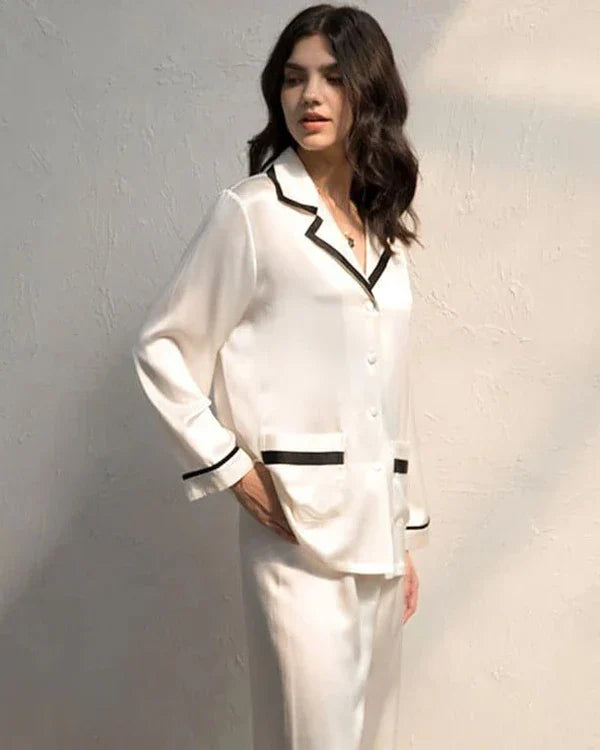 Women's Silk Pajama Set with Contrast Piping White