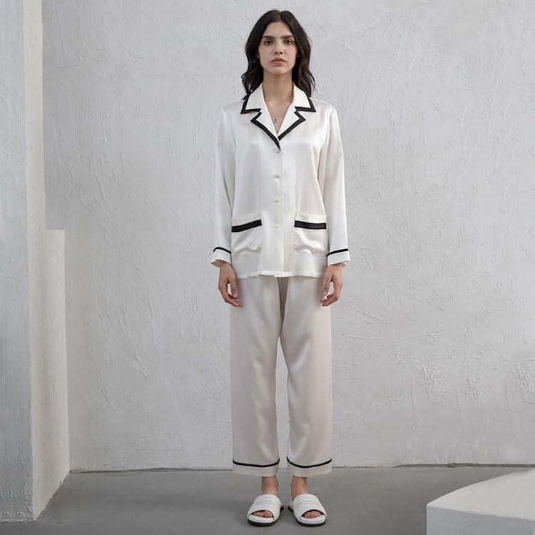 Women's Silk Pajama Set with Contrast Piping White