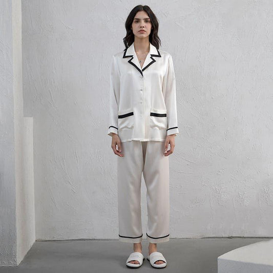 Women's Silk Pajama Set with Contrast Piping White