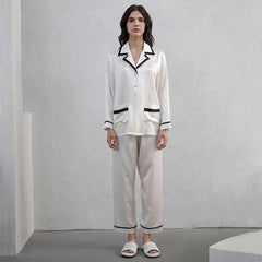 Women's Silk Pajama Set with Contrast Piping White