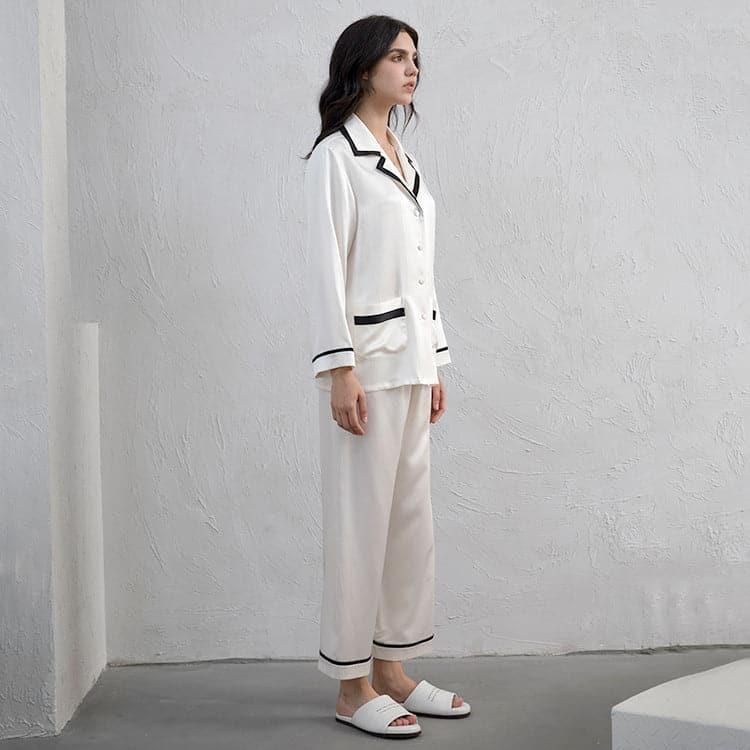 Women's Silk Pajama Set with Contrast Piping White