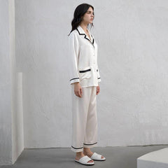 Women's Silk Pajama Set with Contrast Piping White