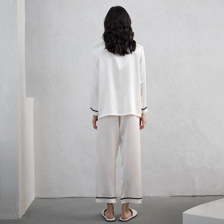 Women's Silk Pajama Set with Contrast Piping White