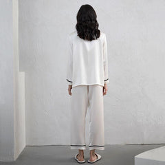 Women's Silk Pajama Set with Contrast Piping White