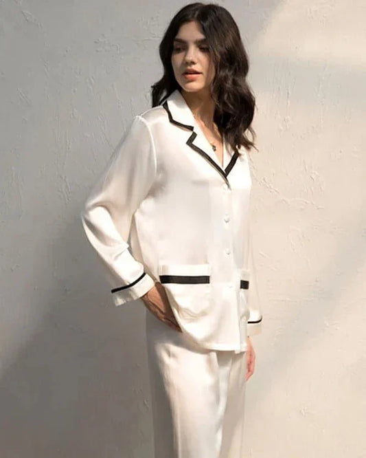 Women's Silk Pajama Set with Contrast Piping White