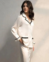 Women's Silk Pajama Set with Contrast Piping White