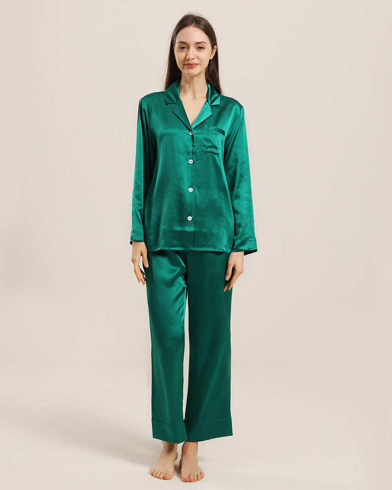 Women's Silk Two Piece Pajamas Dark Green
