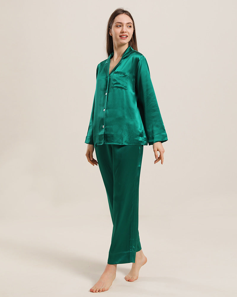 Women's Silk Two Piece Pajamas Dark Green