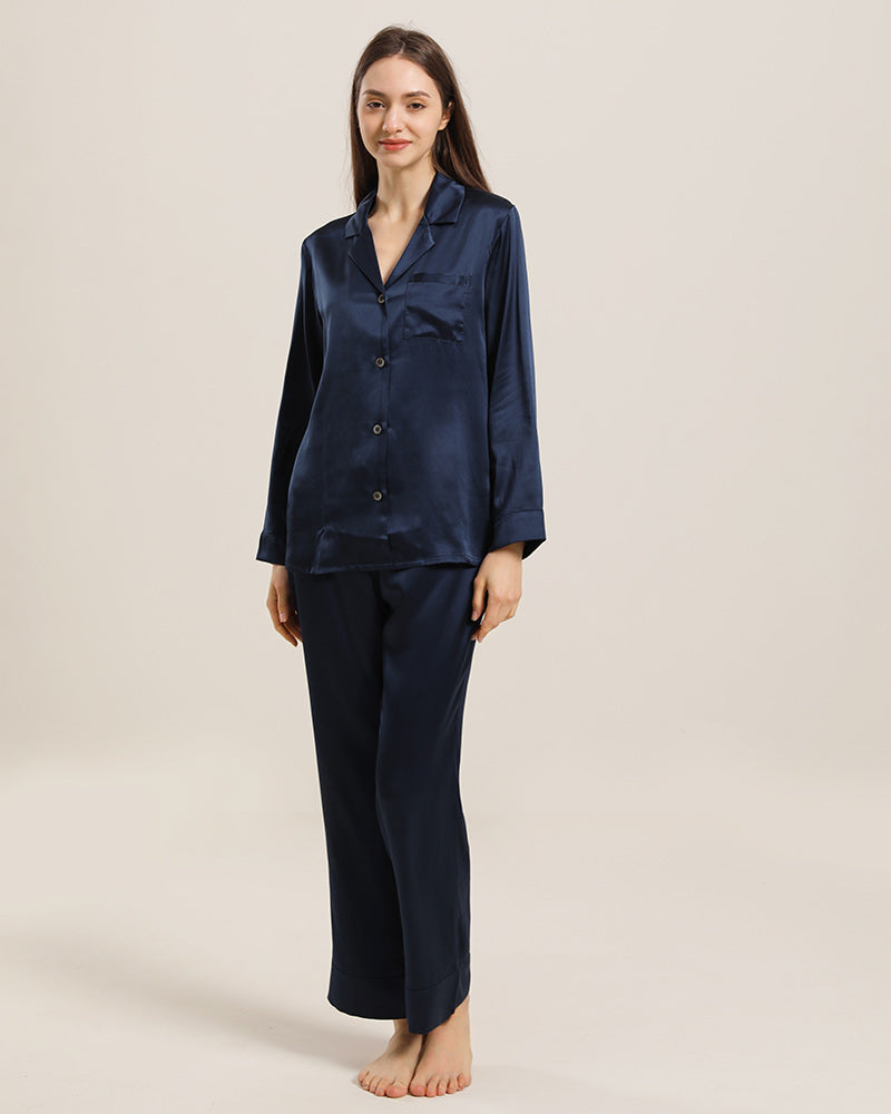 Women's Silk Two Piece Pajamas Navy