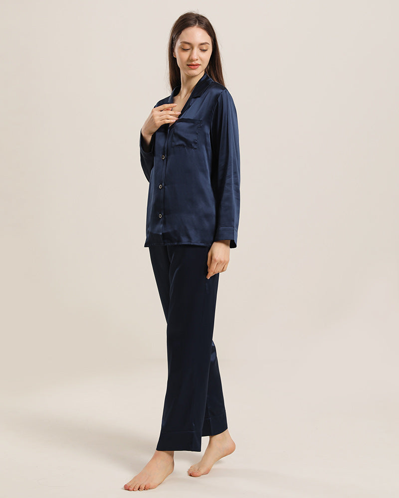Women's Silk Two Piece Pajamas Navy
