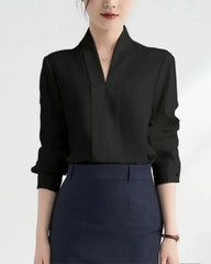 Women V Neck Long Sleeve Silk Blouse