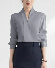 Women V Neck Long Sleeve Silk Blouse