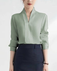 Women V Neck Long Sleeve Silk Blouse