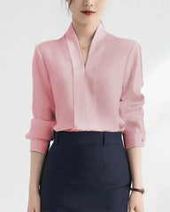 Women V Neck Long Sleeve Silk Blouse