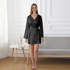 Women's Washable 100% Silk Short Robe Black