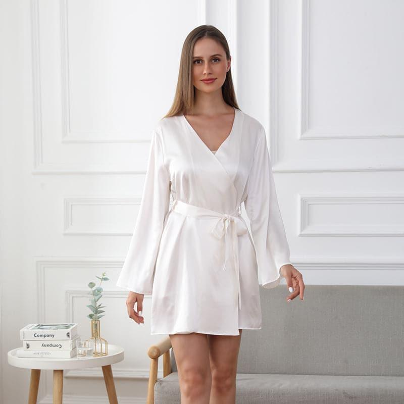 Women's Washable 100% Silk Short Robe White