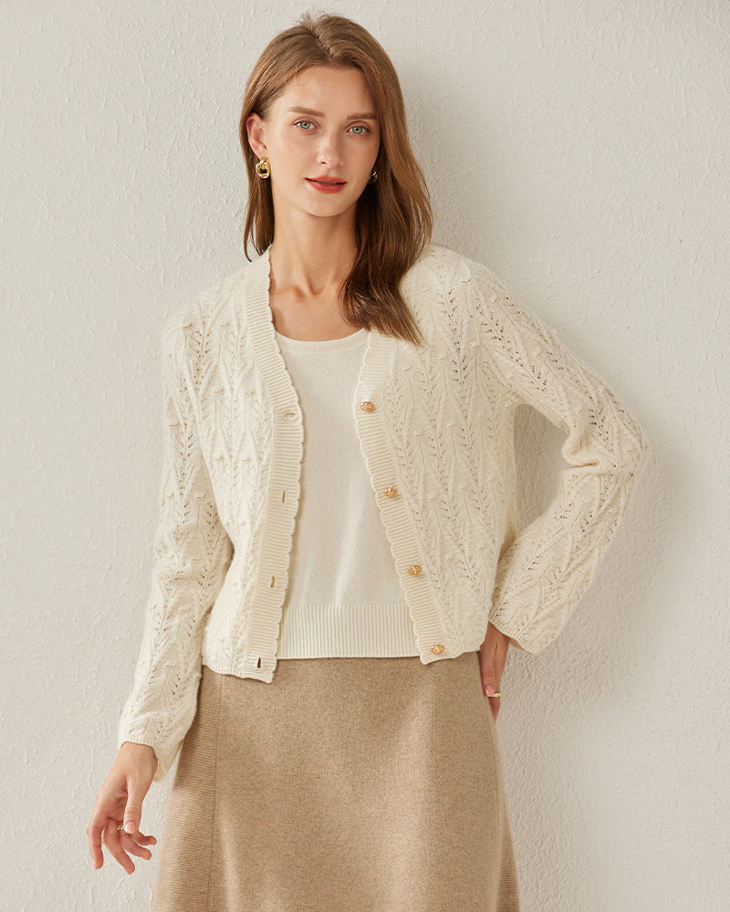 Button-Down V-Neck Cashmere Cardigan White