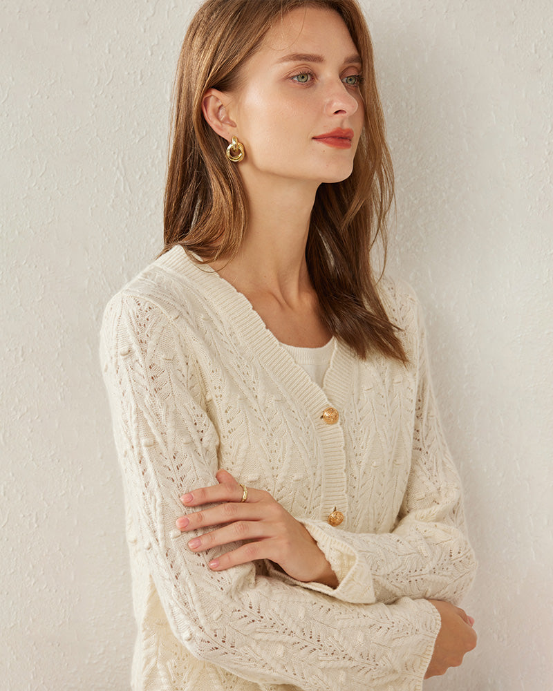 Button-Down V-Neck Cashmere Cardigan White