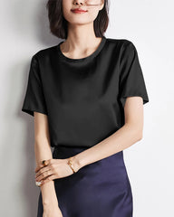 Women's Basic Short Sleeve Silk Shirt Black