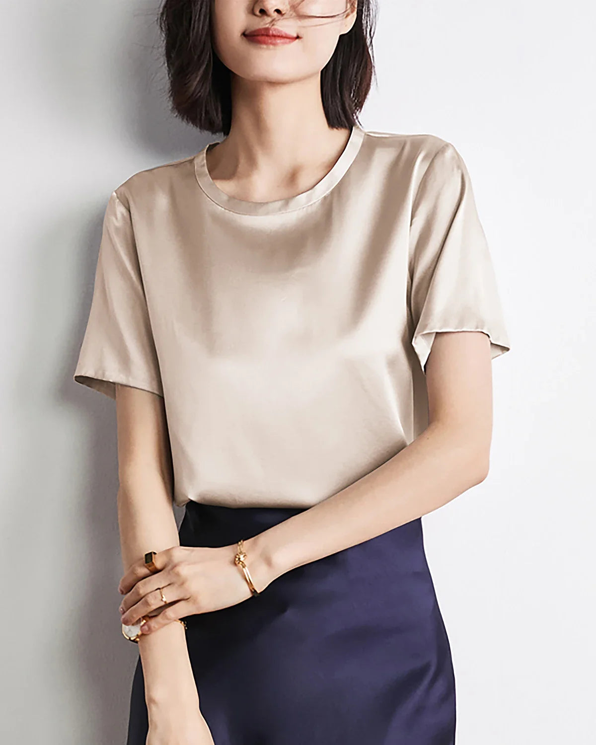 Women's Basic Short Sleeve Silk Shirt Champagne