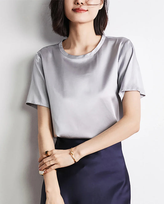 Women's Basic Short Sleeve Silk Shirt Grey