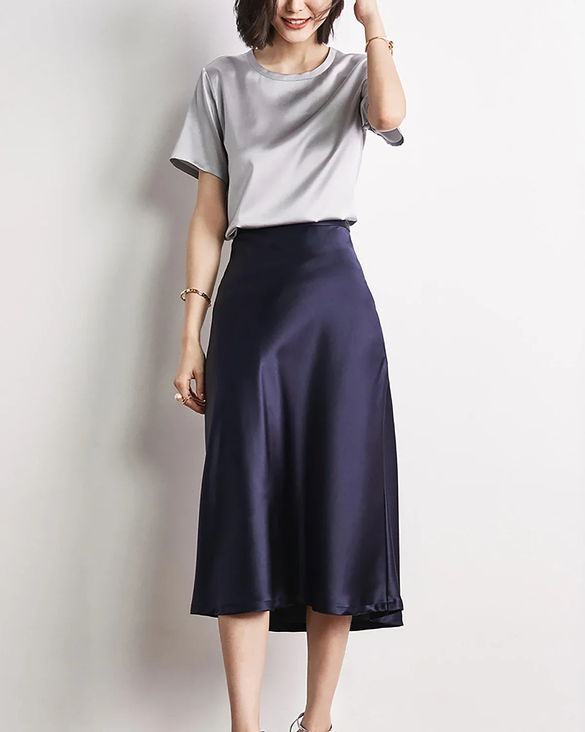 Women's Basic Short Sleeve Silk Shirt Grey