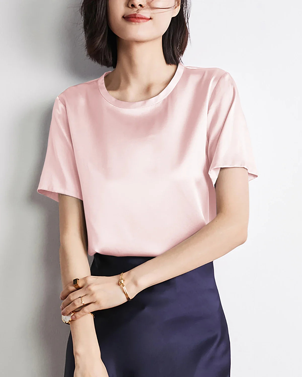 Women's Basic Short Sleeve Silk Shirt Rose Pink
