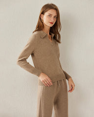 Women's Pure Cashmere Polo Collar Sweater Khaki