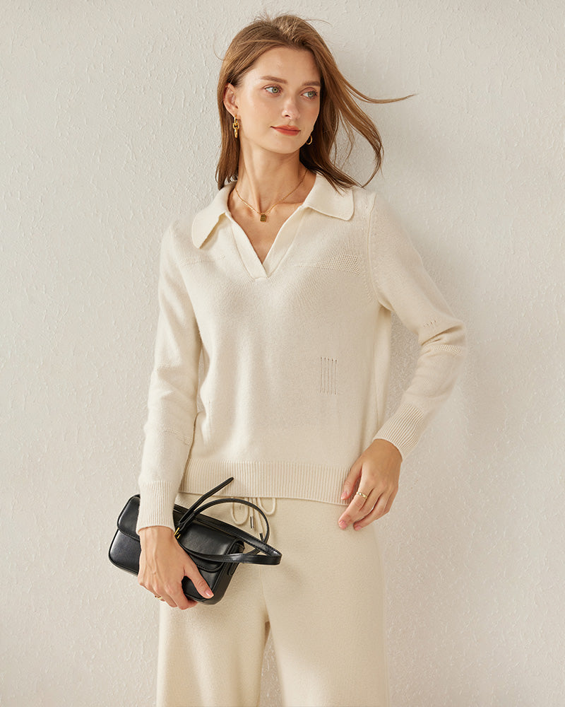 Women's Pure Cashmere Polo Collar Sweater White