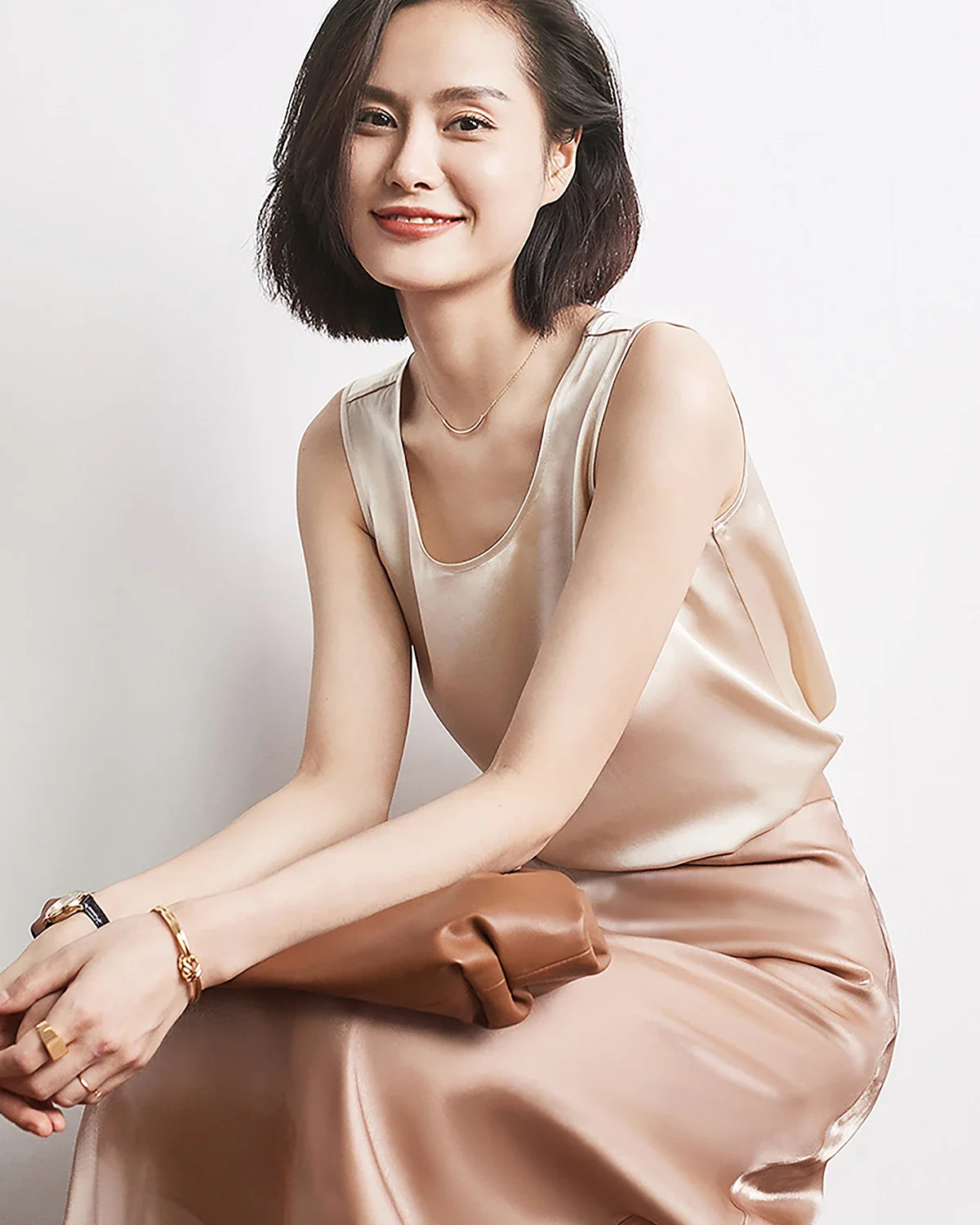 Women's Round Neck Sleeveless Silk Tank Champagne