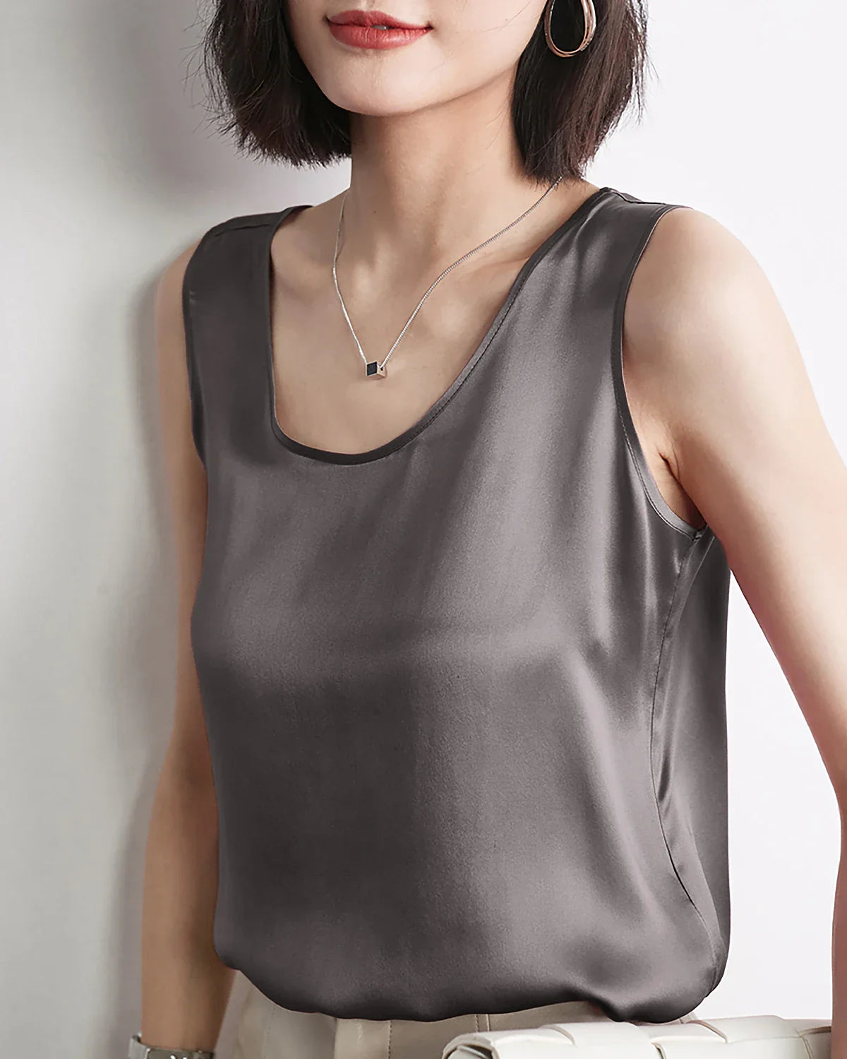 Women's Round Neck Sleeveless Silk Tank Dark Grey