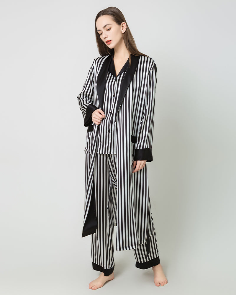 Women's Silk Satin Black And White Striped Long Robe