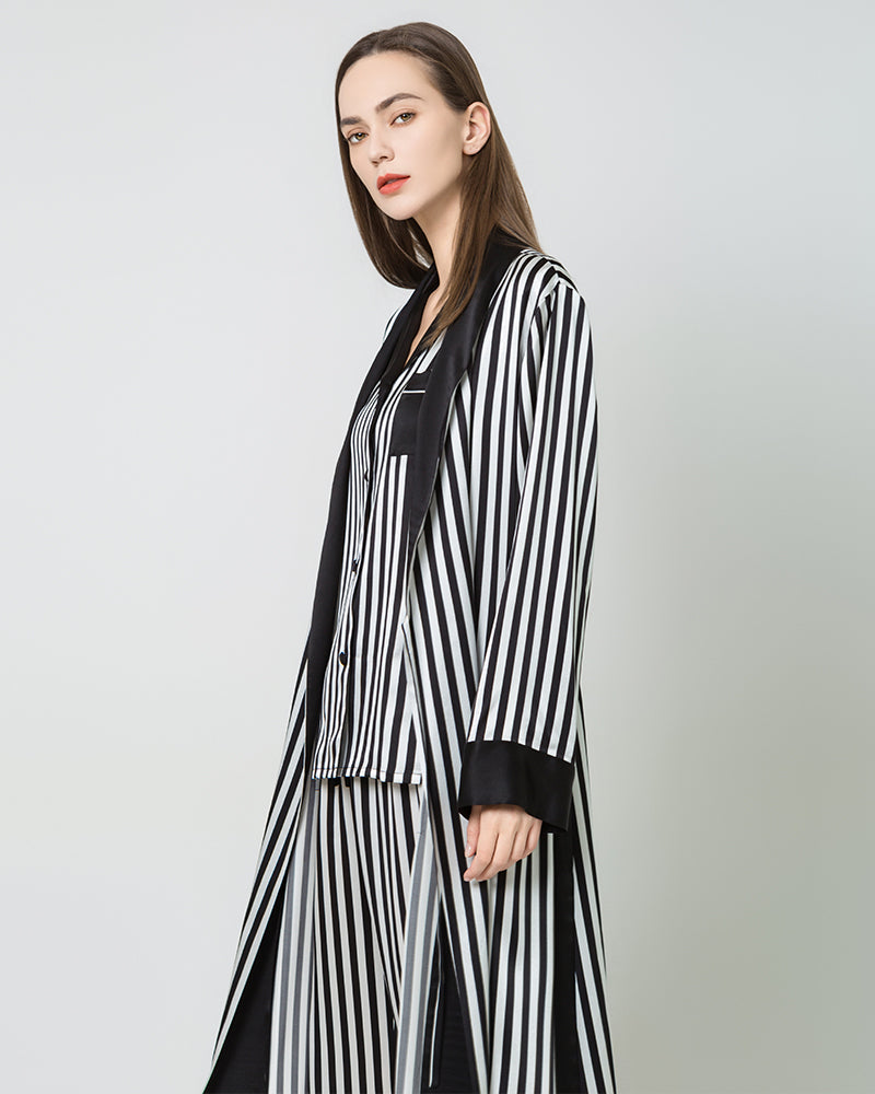 Women's Silk Satin Black And White Striped Long Robe