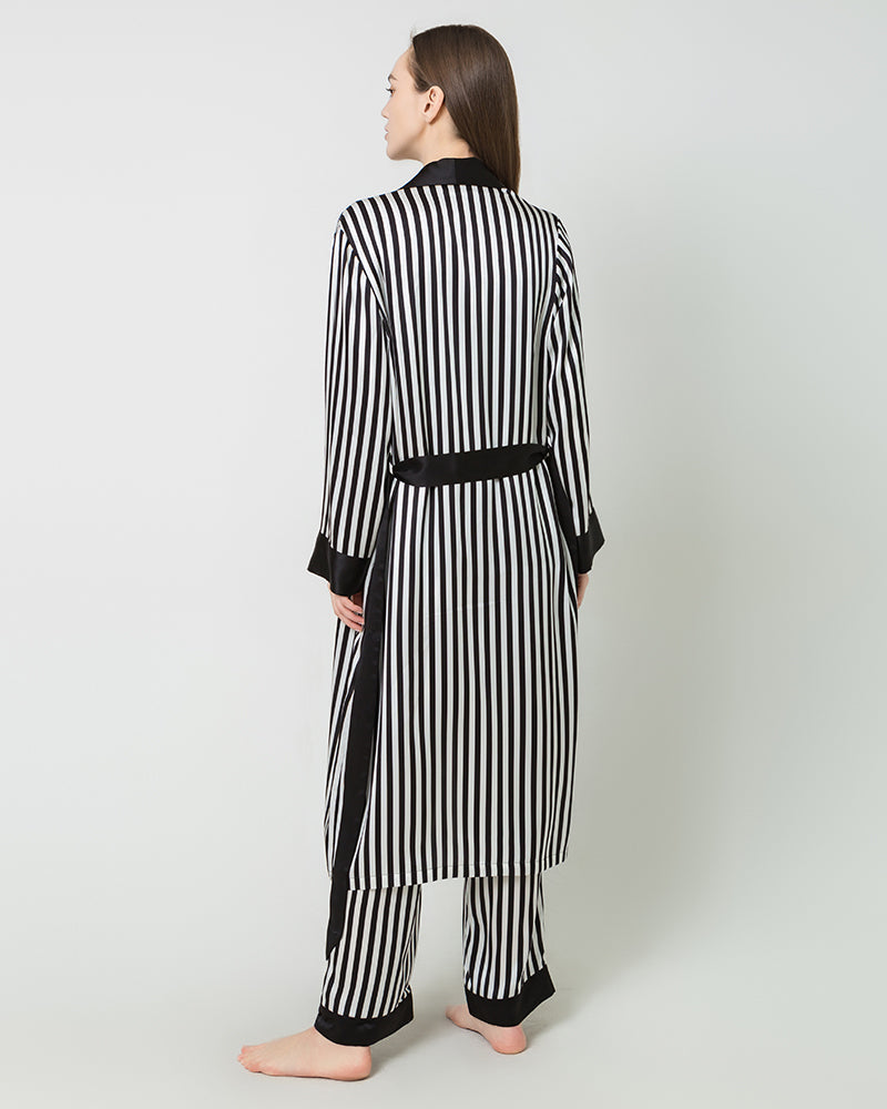 Women's Silk Satin Black And White Striped Long Robe
