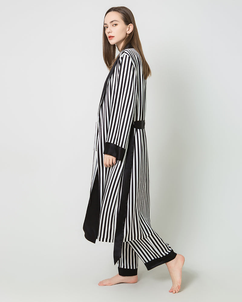 Women's Silk Satin Black And White Striped Long Robe