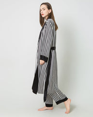 Women's Silk Satin Black And White Striped Long Robe