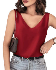 Women's V Neck Sleeveless Silk Top Burgundy