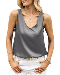 Women's V Neck Sleeveless Silk Top Dark Grey