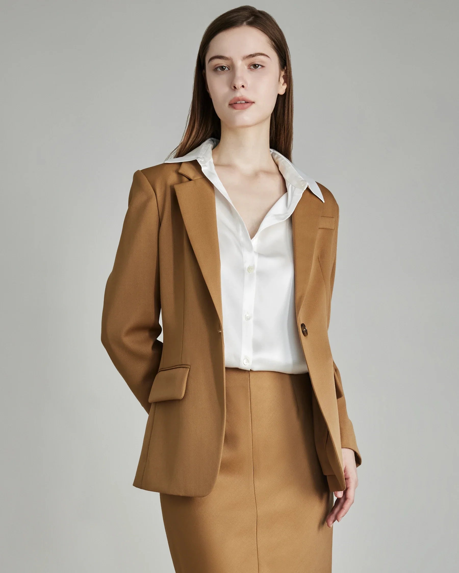 Women's Wool Blazer with Single Button Camel