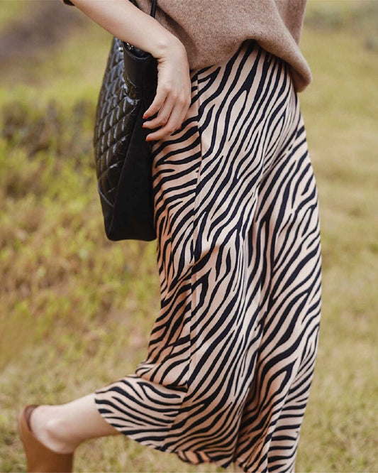 Women's Zebra Print Midi Silk Skirt