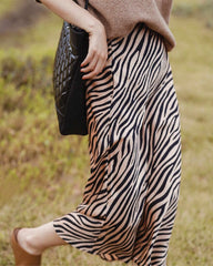 Women's Zebra Print Midi Silk Skirt