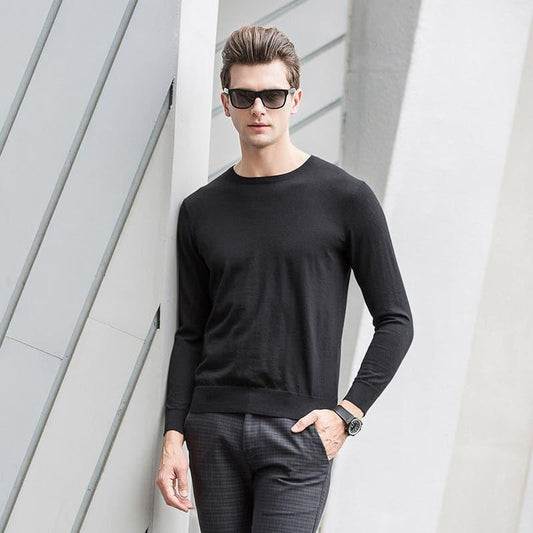 Worsted Round Neck Cashmere Sweater for Men Black