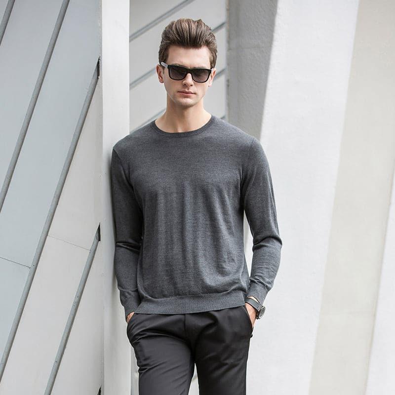 Worsted Round Neck Cashmere Sweater for Men Grey