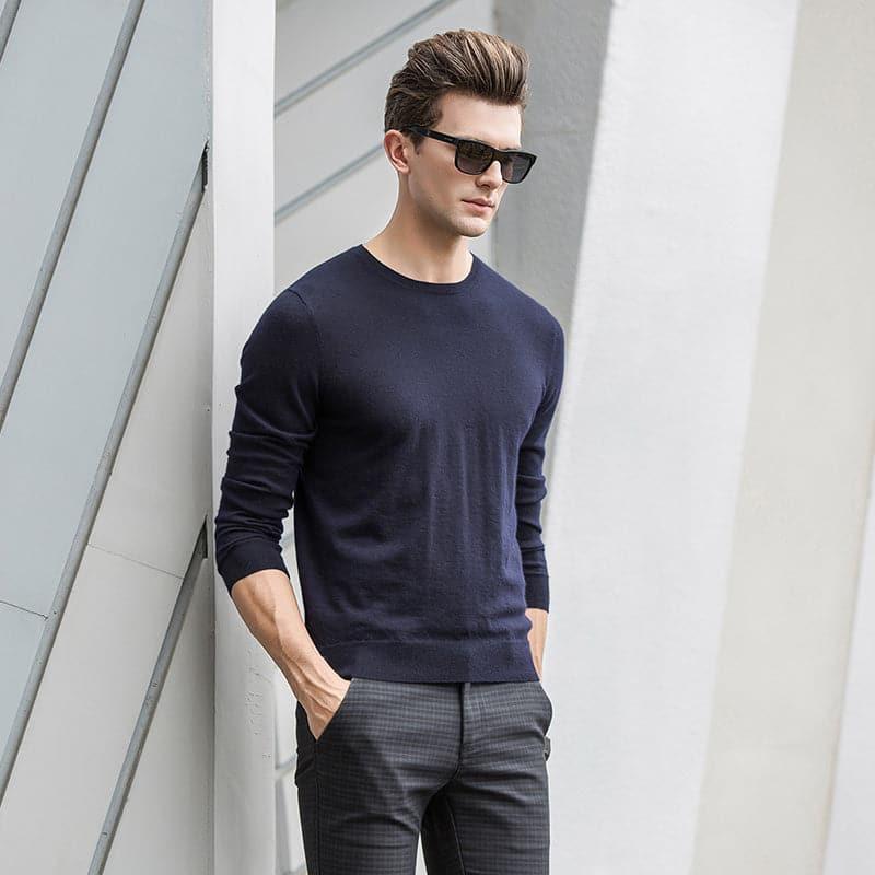 Worsted Round Neck Cashmere Sweater for Men Navy