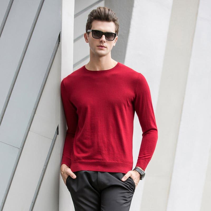 Worsted Round Neck Cashmere Sweater for Men Red