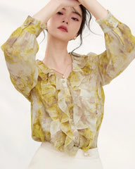 Yellow Silk Floral Ruffle Long Sleeve Blouse